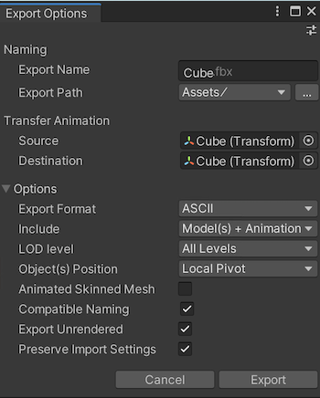 Export Options window