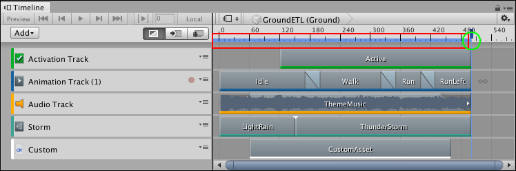 Timeline Asset duration (red rectangle) and end marker (green circle)